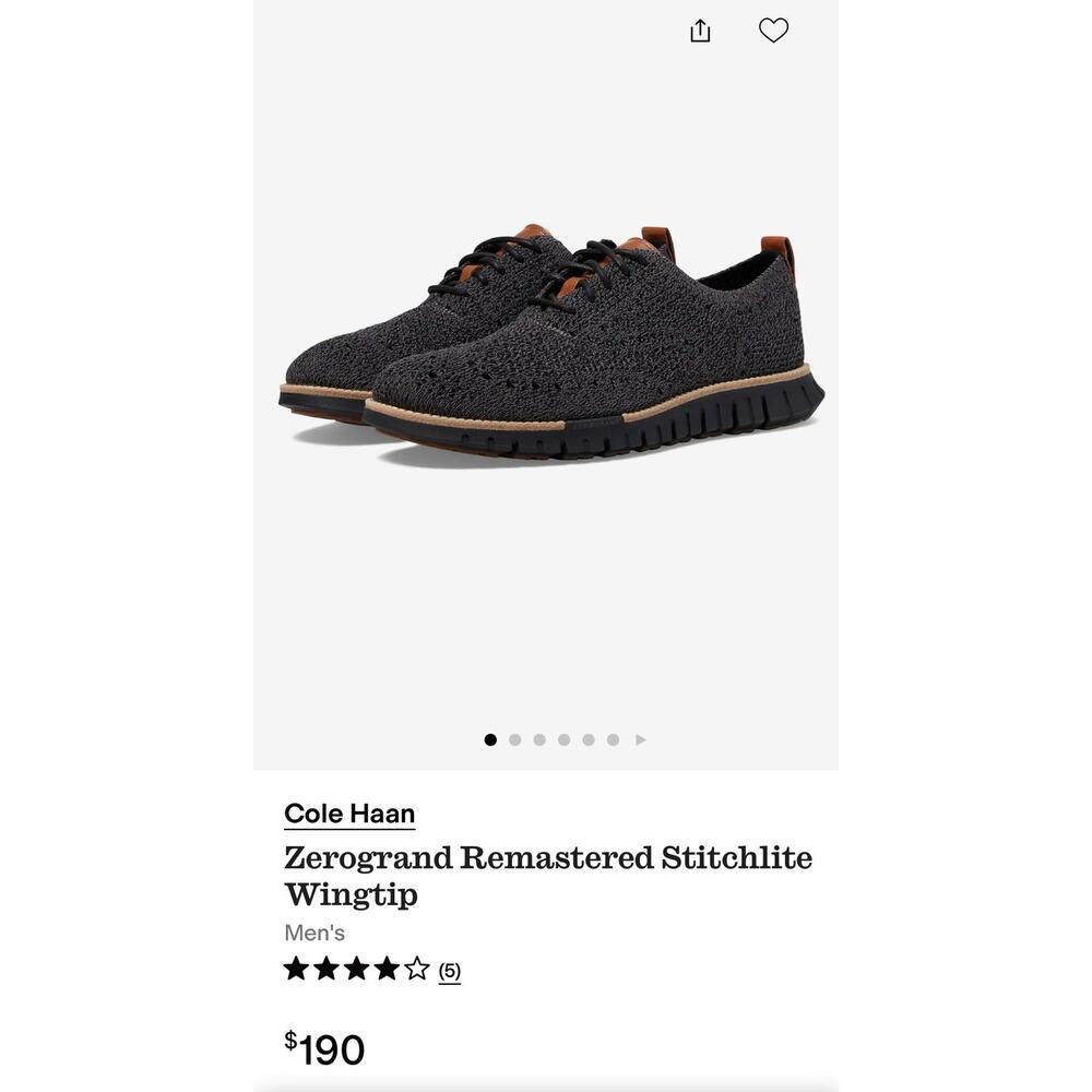 Cole Haan Men's ZEROGRAND Stitchlite Wingtip Oxford Shoes C27694 Black/Gray 8M